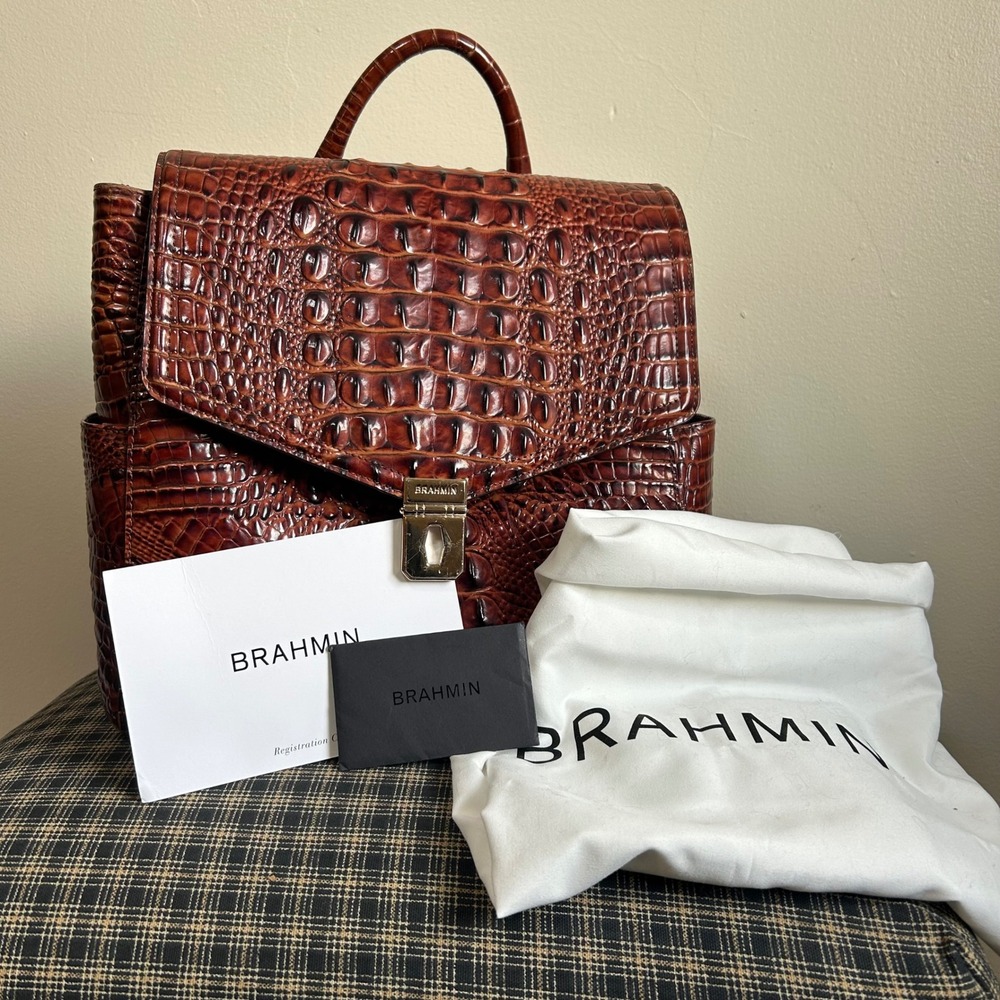 NWOT Brahmin Liz Backpack Women Pecan Melbourne Brown Crocodile Embossed Leather